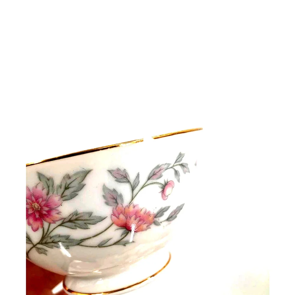 Footed Cup & Saucer Set Shalimar by Valmont China Pink Flowers Gray Stems SHABBY